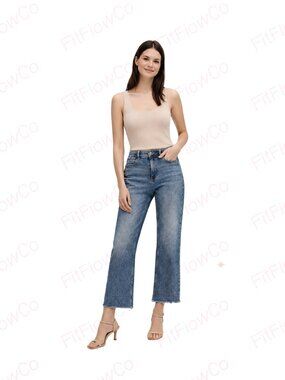 ZARA High Rise Cropped Straight Leg Jeans Stretch Raw Hem Blue Size 2 24